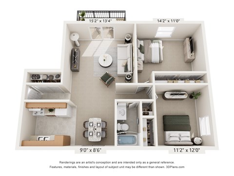 A diagram of a room with dimensions and furniture layout.